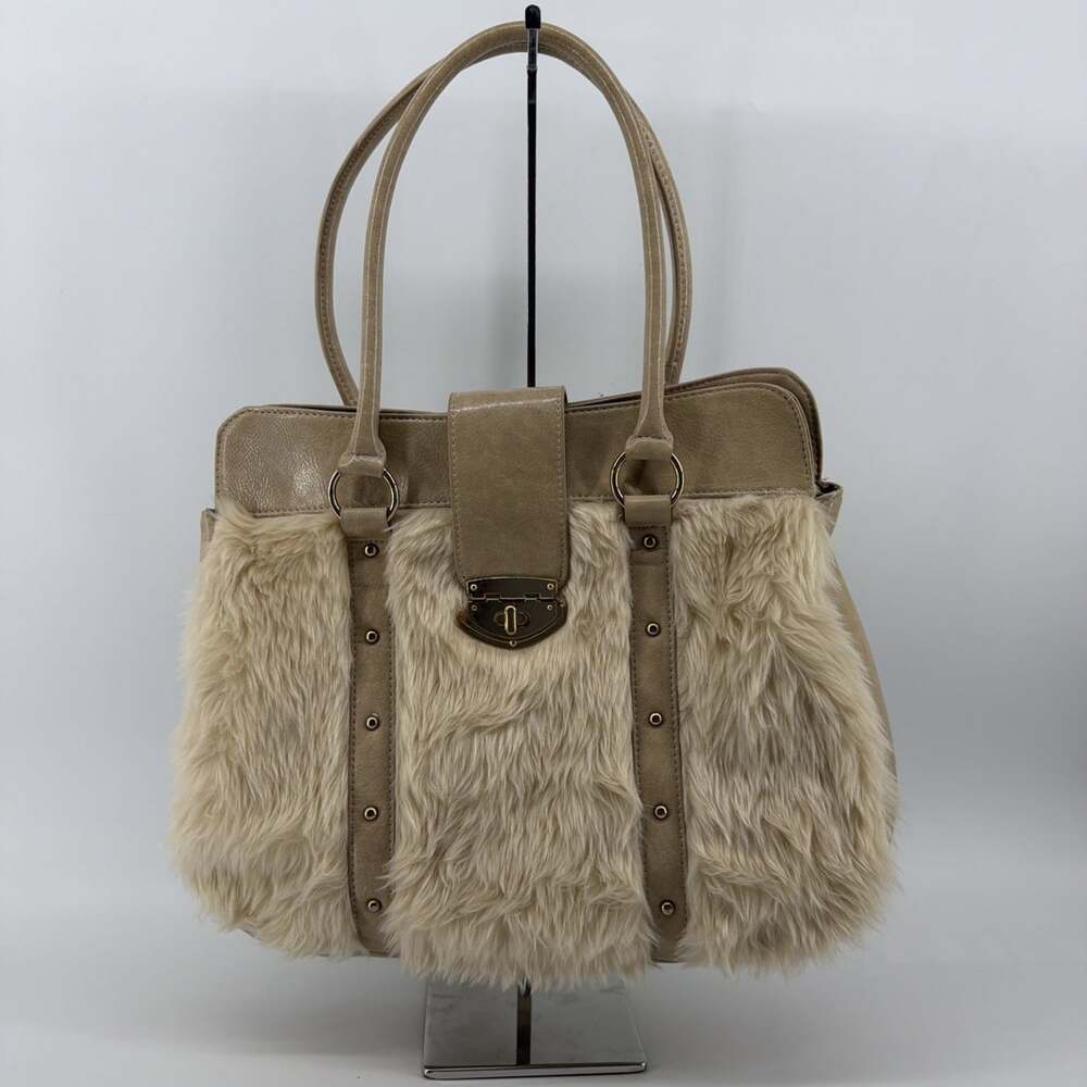 Charming Charlie Beige Faux Fur Handbag Tote Bag Gold Tone Buckle & Studs Vegan